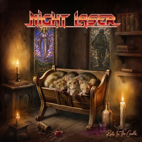 Logo mit "Night Laser", Text auf Wiege: "Get out while you still can". Drei Ratten auf einer Holzkrippe in einer düsteren Szenerie.
