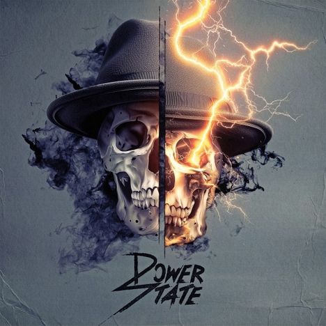 Text: "Power State" in markanten Buchstaben. Ein Totenkopf mit Hut, von Blitzen durchzogen, teilt sich in Licht und Schatten.