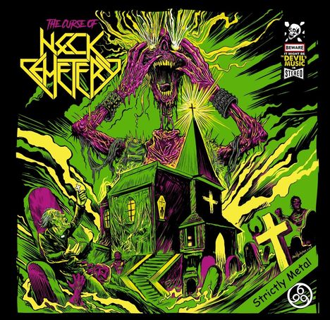 "The Curse of Neck Cemetery", "Beware it might be the devil's music", "Strictly Metal". Illustration: Ein Monster über einer Kirche.
