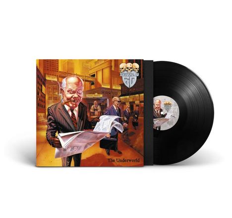 "The Underworld" und "EVILDEAD" mit Schädel-Logo. Karikatur von lächelnden, Zigarren rauchenden Geschäftsmännern in einer Stadt.