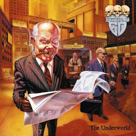 Ein grinsender Mann in Anzug hält eine Zeitung vor einem Kiosk. Schädel-Logo oben rechts, Schrift: "The Underworld".