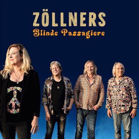 "ZÖLLNERS Blinde Passagiere" steht oben. Vier Personen: links eine Frau, daneben drei Männer in bunten Hemden.