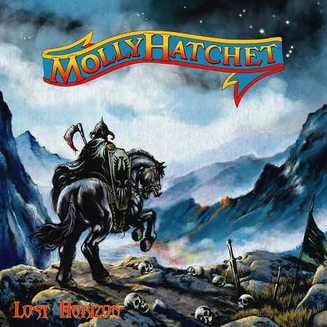 „MOLLY HATCHET“ steht in bunten Buchstaben oben, „Lost Horizon“ unten. Ein Krieger auf einem Pferd in einer Landschaft mit Totenköpfen.