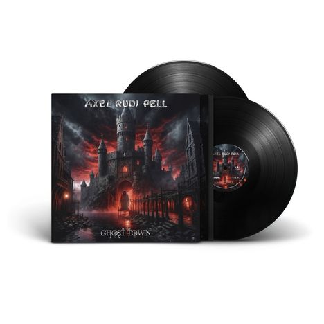 "AXEL RUDI PELL" oben, "GHOST TOWN" unten. Eine düstere Burglandschaft mit rotem Himmel, Brücke im Vordergrund. Vinyl-Platten.