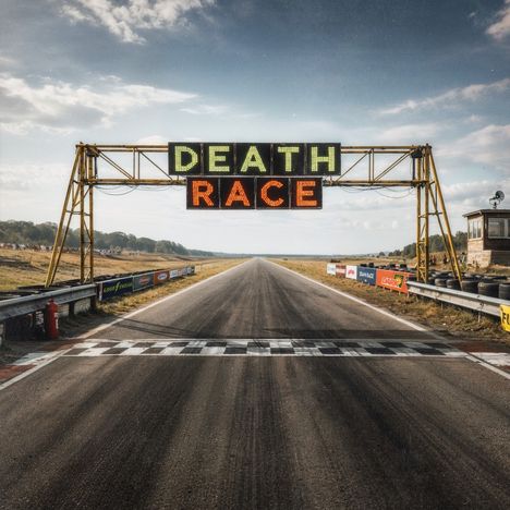"DEATH RACE" leuchtet über Start-Ziellinie, Rennstrecke in ländlicher Umgebung, Werbebanner entlang der Strecke.