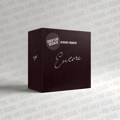 Ein dunkler Würfel mit den Texten: "COVER TO BE REVEALED", "TOKIO HOTEL" und "Encore", umgeben von einem Hintergrund mit "PRE-SALE VISUAL".