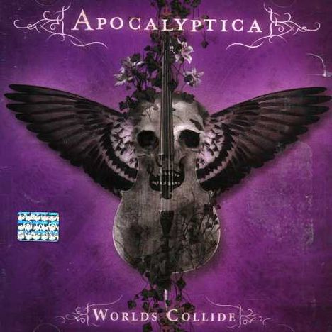 "Apocalyptica" und "Worlds Collide" auf violettem Hintergrund. Ein kunstvolles Design zeigt ein Cello mit Flügeln und Blumenelementen.