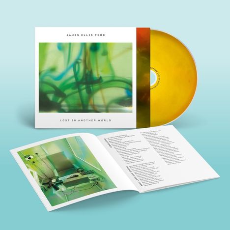 "James Ellis Ford", "Lost in Another World". Gelbe Vinyl mit abstrakter grüner Kunst. Aufgeschlagenes Booklet mit Bild.