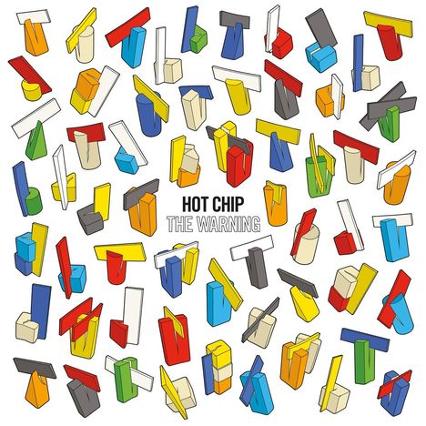 „HOT CHIP THE WARNING“ umgeben von bunten, geometrischen Formen in Rot, Blau, Gelb und Grau.