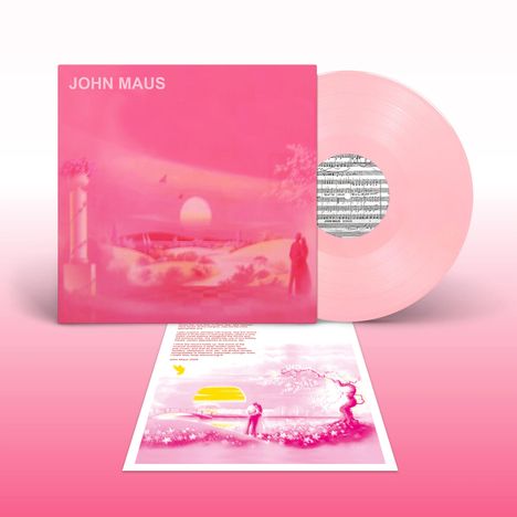 Der Text "JOHN MAUS" steht auf einem pinken Albumcover, mit einer rosa Schallplatte und einer illustrierten Landschaft.