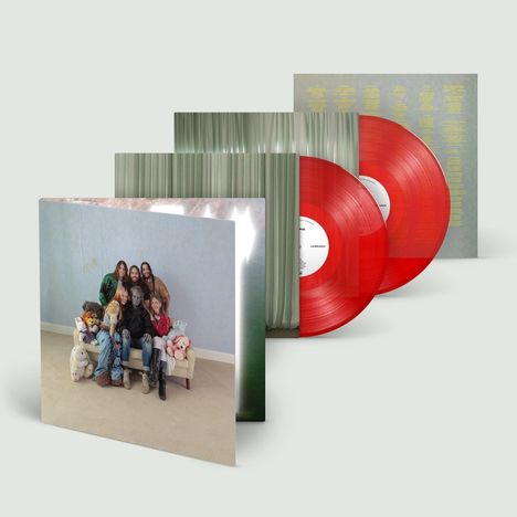 Ein Cover zeigt eine Gruppe von Menschen auf einem Sofa mit Plüschtieren. Zwei rote Vinylplatten sind teilweise sichtbar.