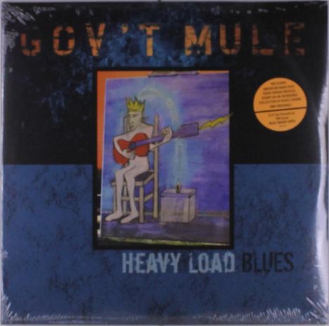 "HEAVY LOAD BLUES" und "GOV'T MULE". Illustration: Figur mit Krone spielt Gitarre, mit Blitzstrahl.
