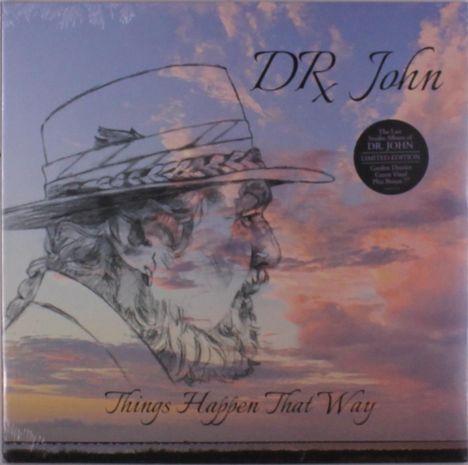 „DR John. Things Happen That Way.“ Zeichnung eines bärtigen Mannes mit Hut vor einem Himmel bei Sonnenuntergang.