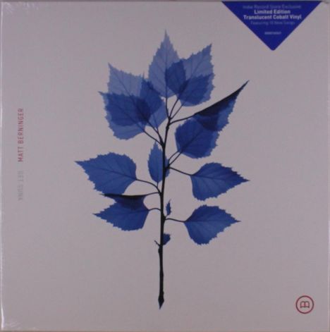 Text: "MATT BERNINGER", "Limited Edition Translucent Cobalt Vinyl". Illustration eines blauen Blatts auf weißem Hintergrund.