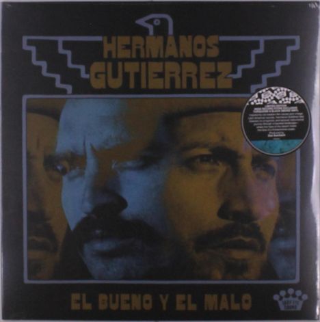 Text: "HERMANOS GUTIERREZ, EL BUENO Y EL MALO." Illustration von mehreren überlappenden Gesichtern in warmen Farbtönen.