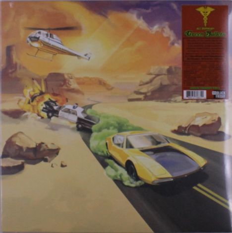 Eine Illustration zeigt ein gelbes Auto, das auf einer Wüstenstraße fährt, verfolgt von einem Helikopter und einem explodierenden Polizeiwagen.