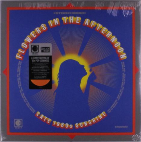"Flowers in the Afternoon" und "Late 1960s Sunshine" sind die Texte. Illustration einer Person mit Blume vor Sonnenschein.