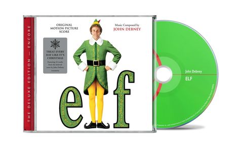 CD-Cover mit "THE DELUXE EDITION - ENCORE", "ORIGINAL MOTION PICTURE SCORE", "elf". Figur in grünem Anzug.