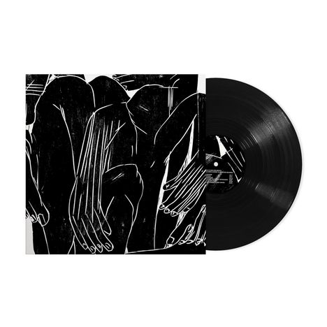 Schwarze Vinyl-Schallplatte mit Cover, das abstrakte, weiße Linien von überlappenden Händen und Armen zeigt.