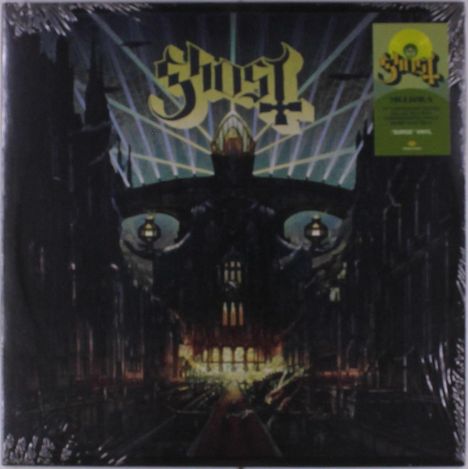 "Ghost" in gotischer Schrift, Illustration einer düsteren Kathedrale im Hintergrund mit Lichteffekten.