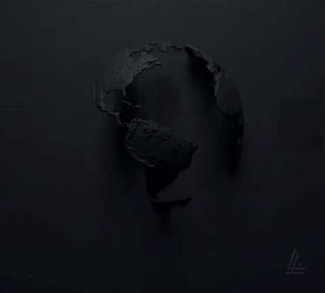 Kein erkennbarer Text. Logo: Ein schwarzes 3D-Relief der Erdkugel auf dunklem Hintergrund. Süd- und Nordamerika sind sichtbar.