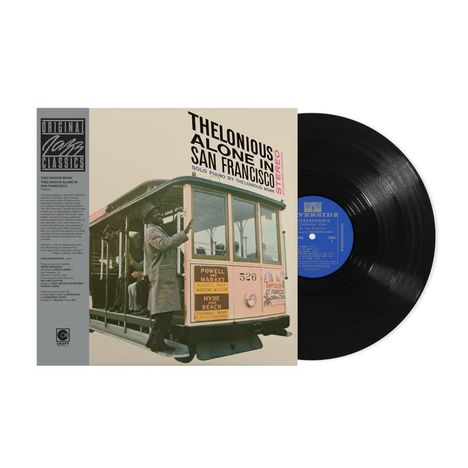 „THELONIOUS ALONE IN SAN FRANCISCO“, ein Mann auf einer historischen Straßenbahn, Vinyl-Schallplatte rechts.