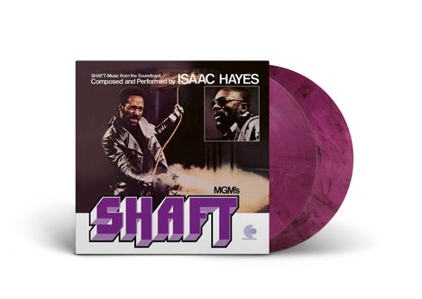 Text: "Shaft-Music from the Soundtrack", "Composed and Performed by Isaac Hayes", "Shaft". Dazu ein Mann mit Waffe.