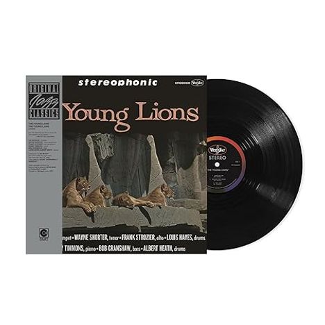 „Young Lions“ und „stereophonic“ sind Haupttexte. 
Cover zeigt Löwen und Geografen in der Savanne, daneben eine schwarze Schallplatte.
