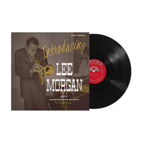 Text: "Introducing Lee Morgan with Hank Mobley's Quintet." Ein Musiker spielt Trompete auf einem Albumcover.