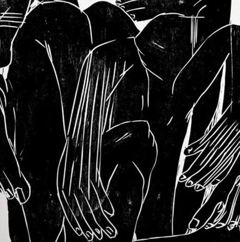 Schwarz-weiße Illustration von ineinander verschlungenen Händen und Armen, minimalistischer Stil.