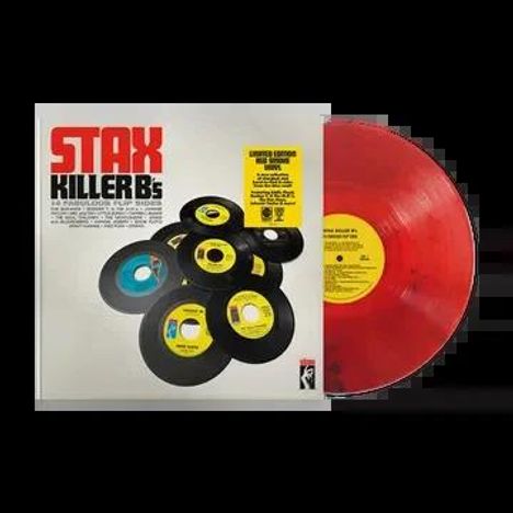 „STAX KILLER B's“ in fetter Schrift. Davor schwarze Schallplatten auf grauem Hintergrund. Rote Vinyl-Schallplatte rechts.