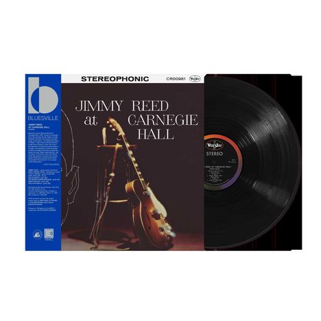 Aufschrift: "JIMMY REED at CARNEGIE HALL." Links ein blaues Bluesville-Logo, rechts eine Schallplatte.