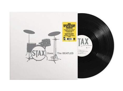 "STAX Does The BEATLES" mit Schlagzeugabbildung. Gelber Text: Soul-Reinterpretationen. Schwarze Schallplatte rechts.