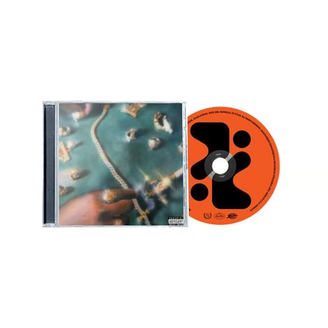 Orange CD mit abstraktem schwarzen Muster. Links eine Hülle mit unscharfem Bild einer Hand und einer Kette.