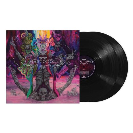 „MASTODON - MARROW DEEP“, psychedelische Illustration dreier Figuren und einem Skelett auf farbenfrohem Hintergrund.