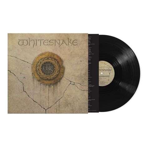 "Whitesnake" in gotischer Schrift auf rissigem Hintergrund. Links das Plattencover mit Emblem, rechts eine schwarze Vinyl-Schallplatte.