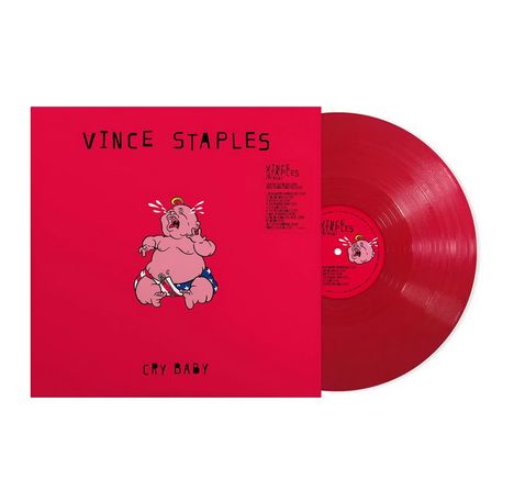 "Vince Staples", "Cry Baby" oben und unten. Illustration eines weinenden Babys in Windeln vor rotem Hintergrund.