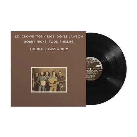 Text: "J.D. Crowe, Tony Rice, Doyle Lawson, Bobby Hicks, Todd Phillips, The Bluegrass Album." Schallplatte mit Cover.