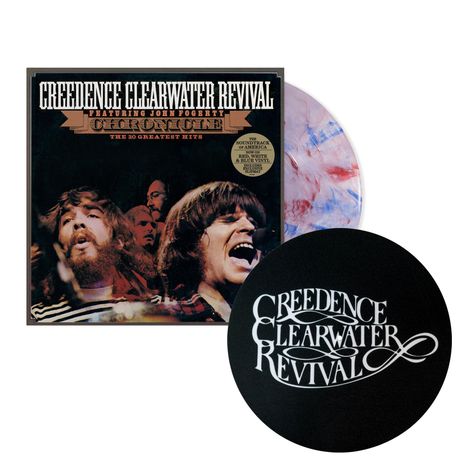 "Creedence Clearwater Revival Chronicle: The 20 Greatest Hits." Albumcover mit einer Disc und schwarzem Kreis mit weißem Logo.