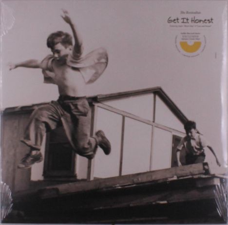 "Get It Honest" steht oben rechts. Zwei Kinder springen dynamisch von einem Dach. Das Bild ist in sepia gehalten.