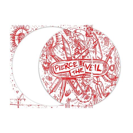 "PIERCE THE VEIL" in roten Buchstaben, umgeben von wilden, chaotischen Illustrationen von Klingen und Werkzeugen.