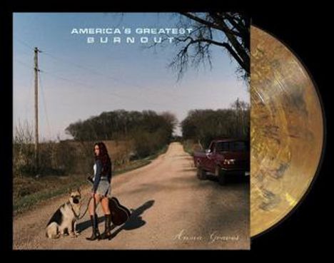 Text oben: "AMERICA'S GREATEST BURNOUT".  
Frau und Hund auf ländlicher Straße neben einem Pickup. Schallplatte rechts.