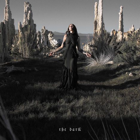 Text "the dark" unten. Eine Person in schwarzem Kleid steht mit ausgebreiteten Armen in einer felsigen Landschaft.