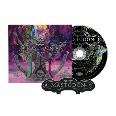 "Mastodon" und "Marrow Deep" sind zentrale Texte. Die Illustration zeigt mystische Figuren in einem farbenfrohen, surrealen Stil.