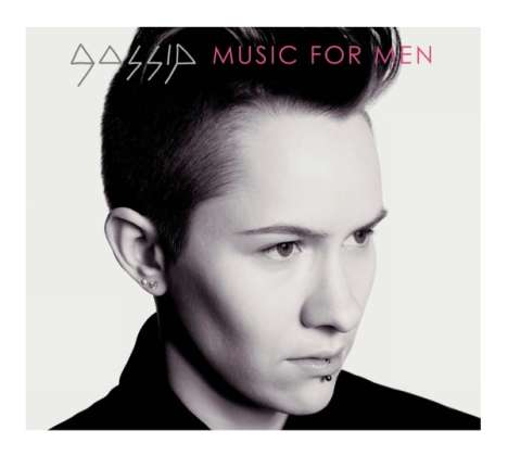 "GOSSIP MUSIC FOR MEN" steht in stylisierter Schrift. Eine Person schaut ernst zur Seite, hat kurzes Haar und Lippenpiercing.