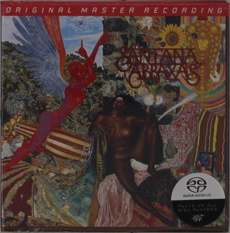 Original Master Recording, Santana Abraxas. Eine farbenfrohe Illustration mit einer weiblichen Figur, Flügeln und Sonnenblume.