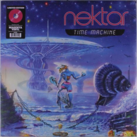Nektar "Time Machine" oben; links ein Label "Limited Edition Magenta Vinyl". Sci-Fi-Illustration: Wesen, Wasser, futuristische Strukturen.