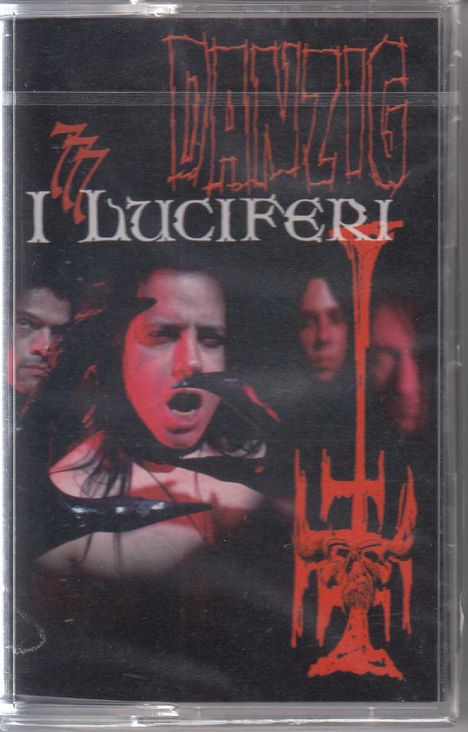 "Danzig 777 I Luciferi" in roter Schrift. Eine schwarz-rote Illustration mit drei Personen und einem roten Symbol.