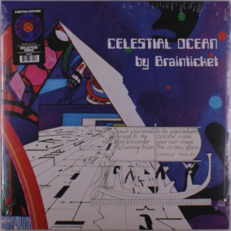 "Celestial Ocean by Brainticket" und "Limited Edition Splatter Vinyl". Abstrakte, bunte Illustration mit futuristischem Design.