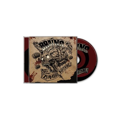Covertexte: "BRAINS", "ZOMBIE NATION". Eine Illustration zeigt ein schädelförmiges Gehirn mit Zähnen auf einem blutverschmierten Hintergrund.